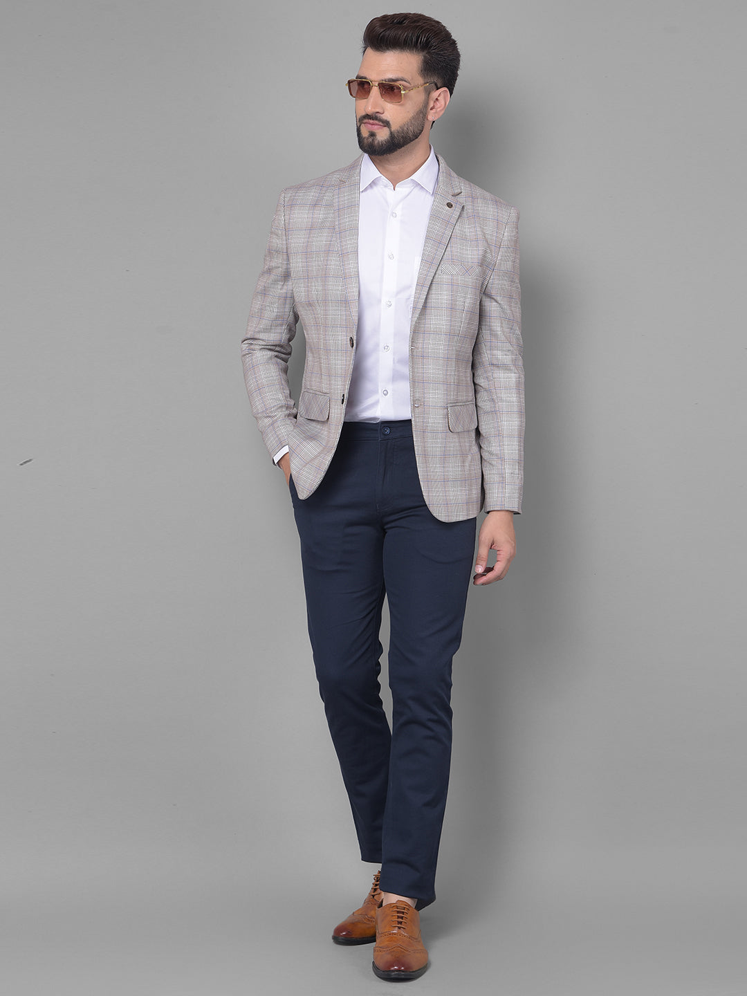 Beige Checked Blazer-Men Blazers-Crimsoune Club