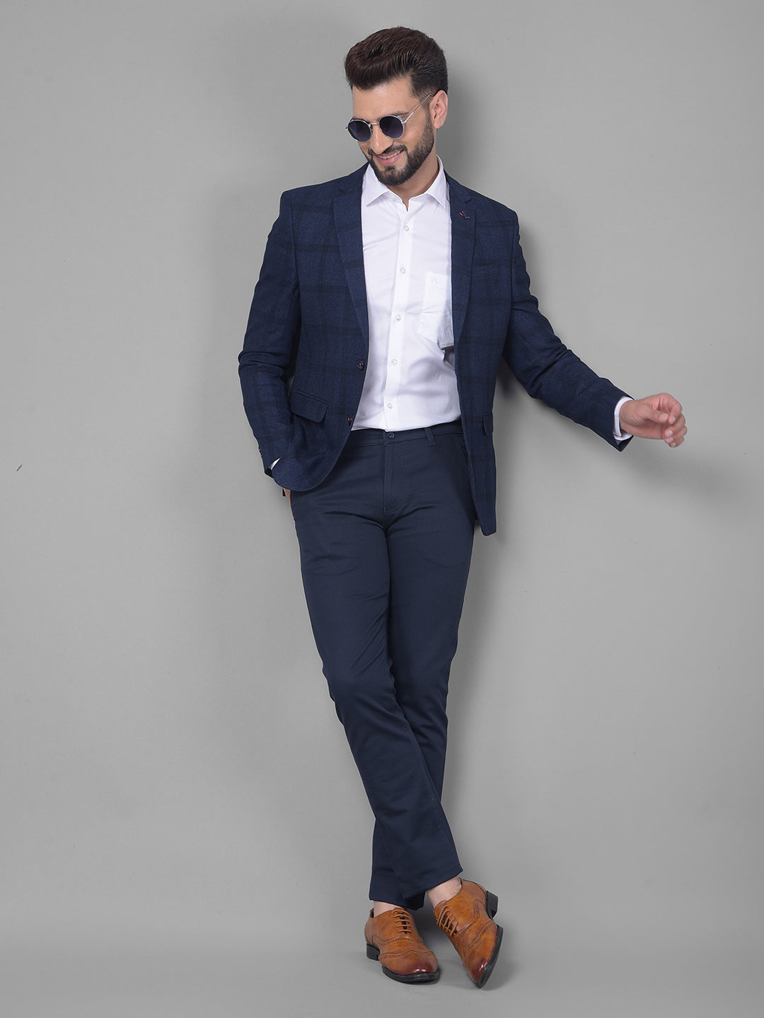 Navy Blue Checked Blazer-Men Blazers-Crimsoune Club