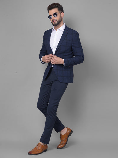 Navy Blue Checked Blazer-Men Blazers-Crimsoune Club