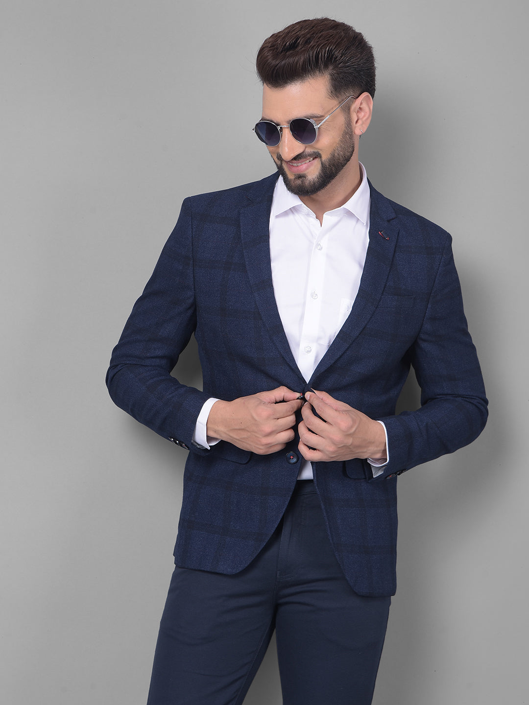 Navy Blue Checked Blazer-Men Blazers-Crimsoune Club