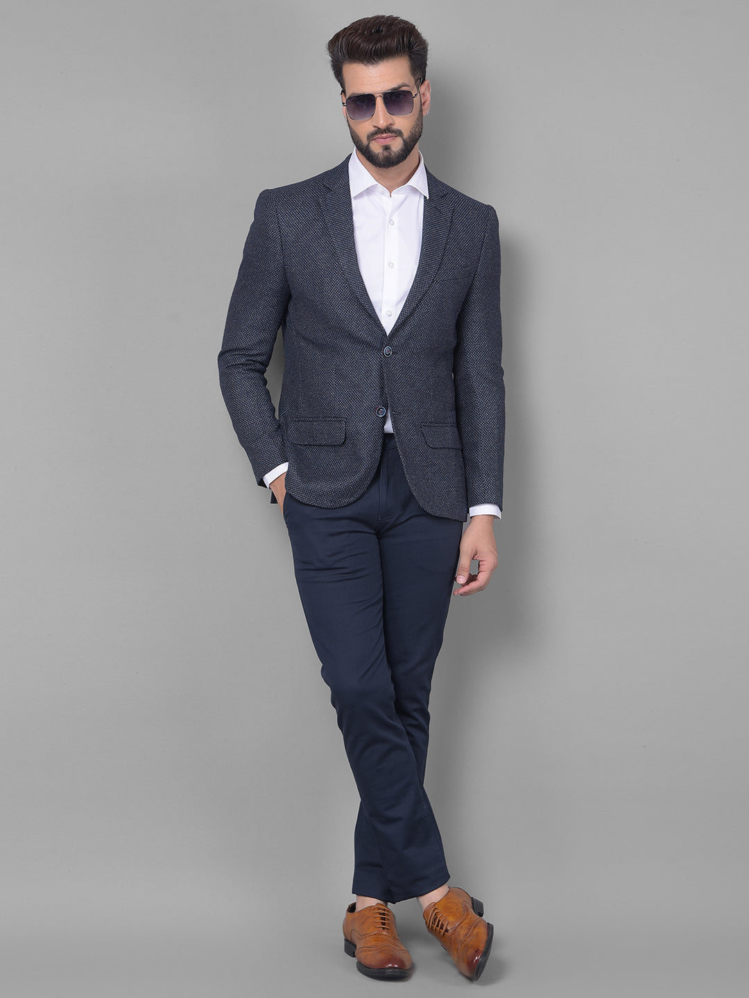 Navy Blue Printed Blazer-Men Blazers-Crimsoune Club