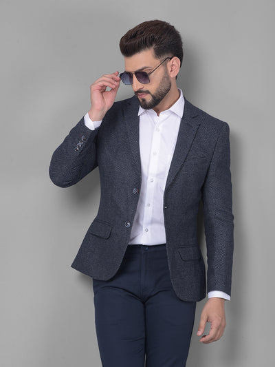 Navy Blue Printed Blazer-Men Blazers-Crimsoune Club