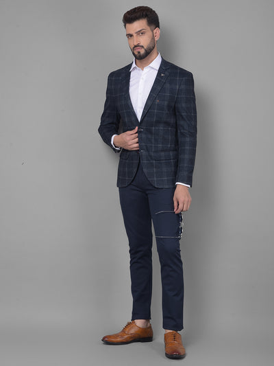 Navy Blue Checked Blazer-Men Blazers-Crimsoune Club