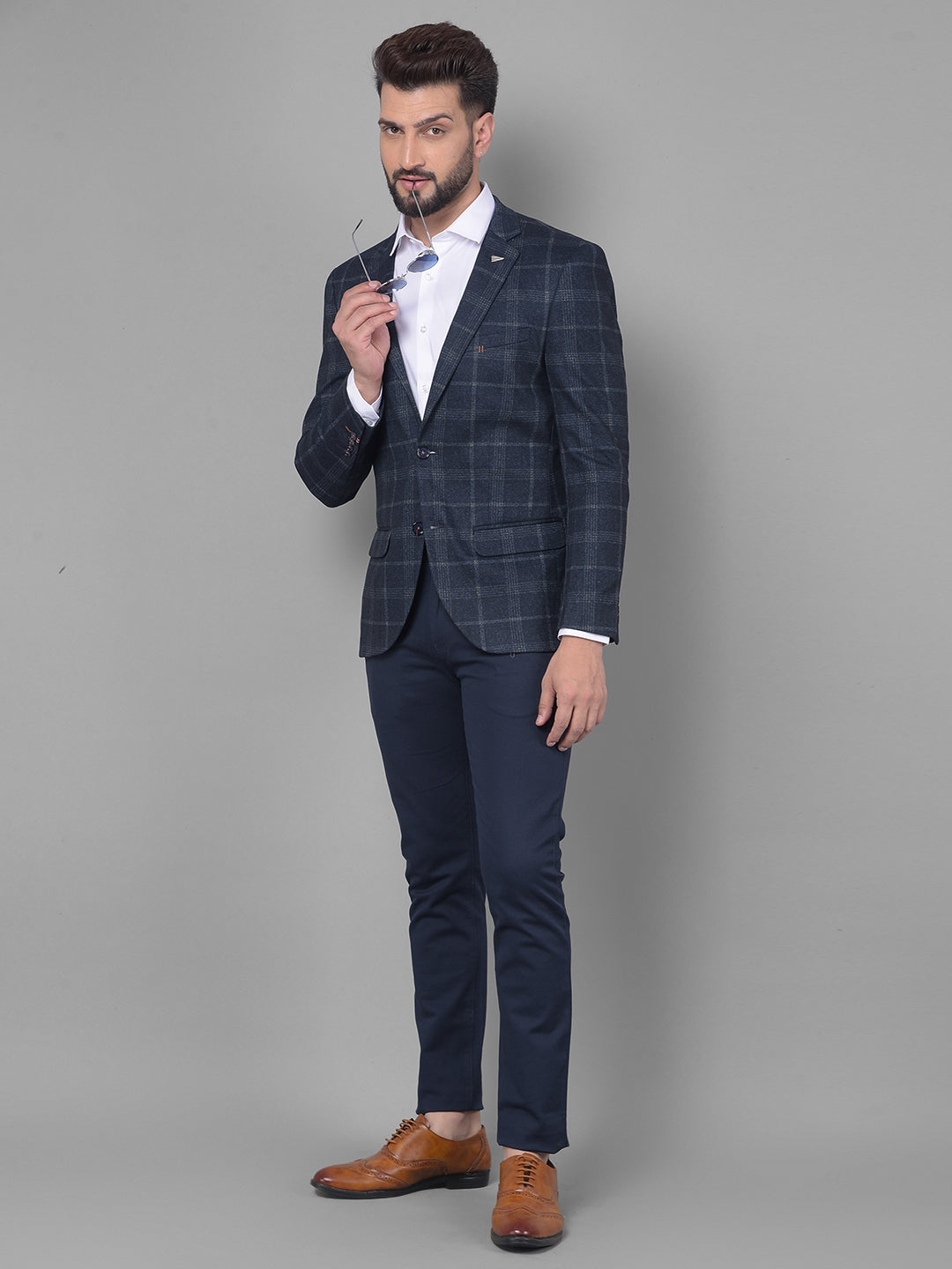 Navy Blue Checked Blazer-Men Blazers-Crimsoune Club