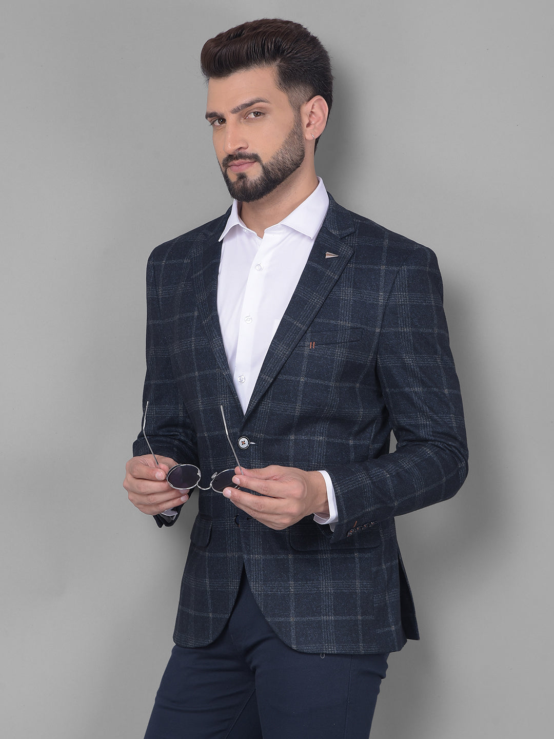 Navy Blue Checked Blazer-Men Blazers-Crimsoune Club