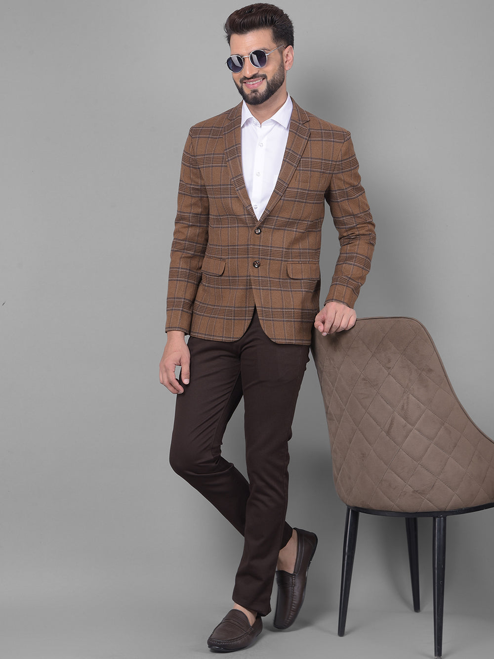 Brown Checked Blazer-Men Blazers-Crimsoune Club