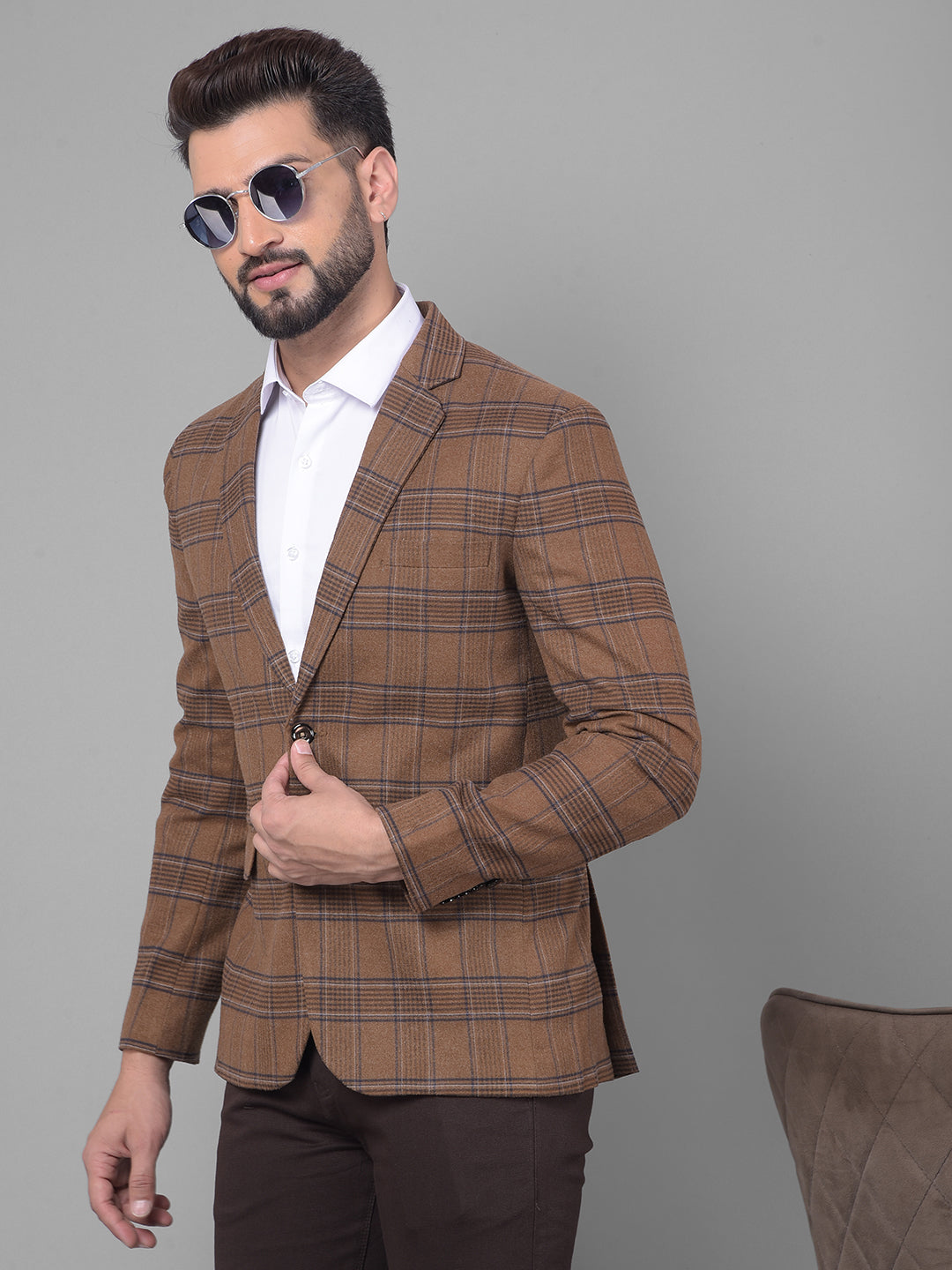 Brown Checked Blazer-Men Blazers-Crimsoune Club