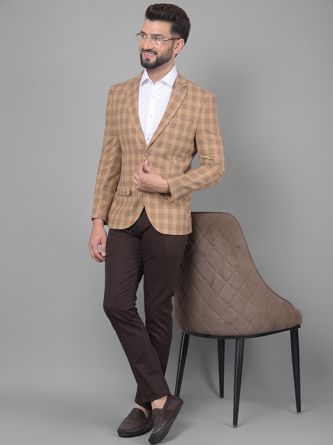 Beige Checked Blazer-Men Blazers-Crimsoune Club