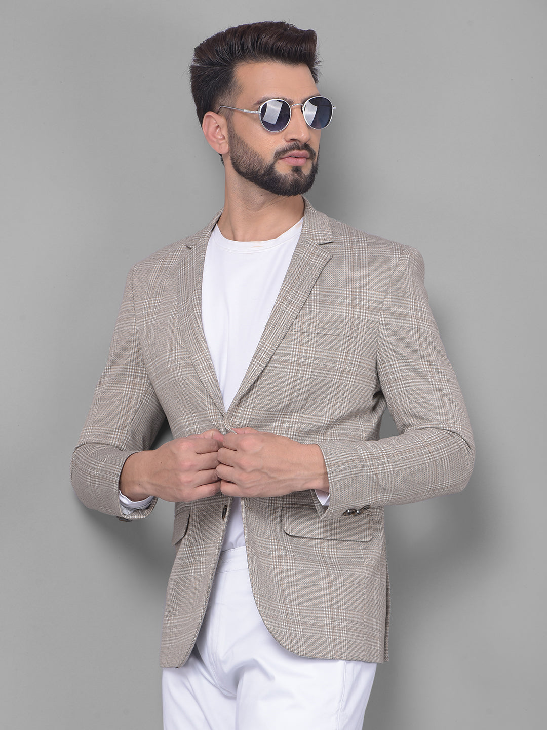 Grey Checked Blazer-Men Blazers-Crimsoune Club