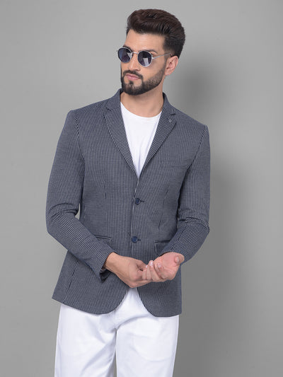 Navy Blue Striped Blazer-Men Blazers-Crimsoune Club