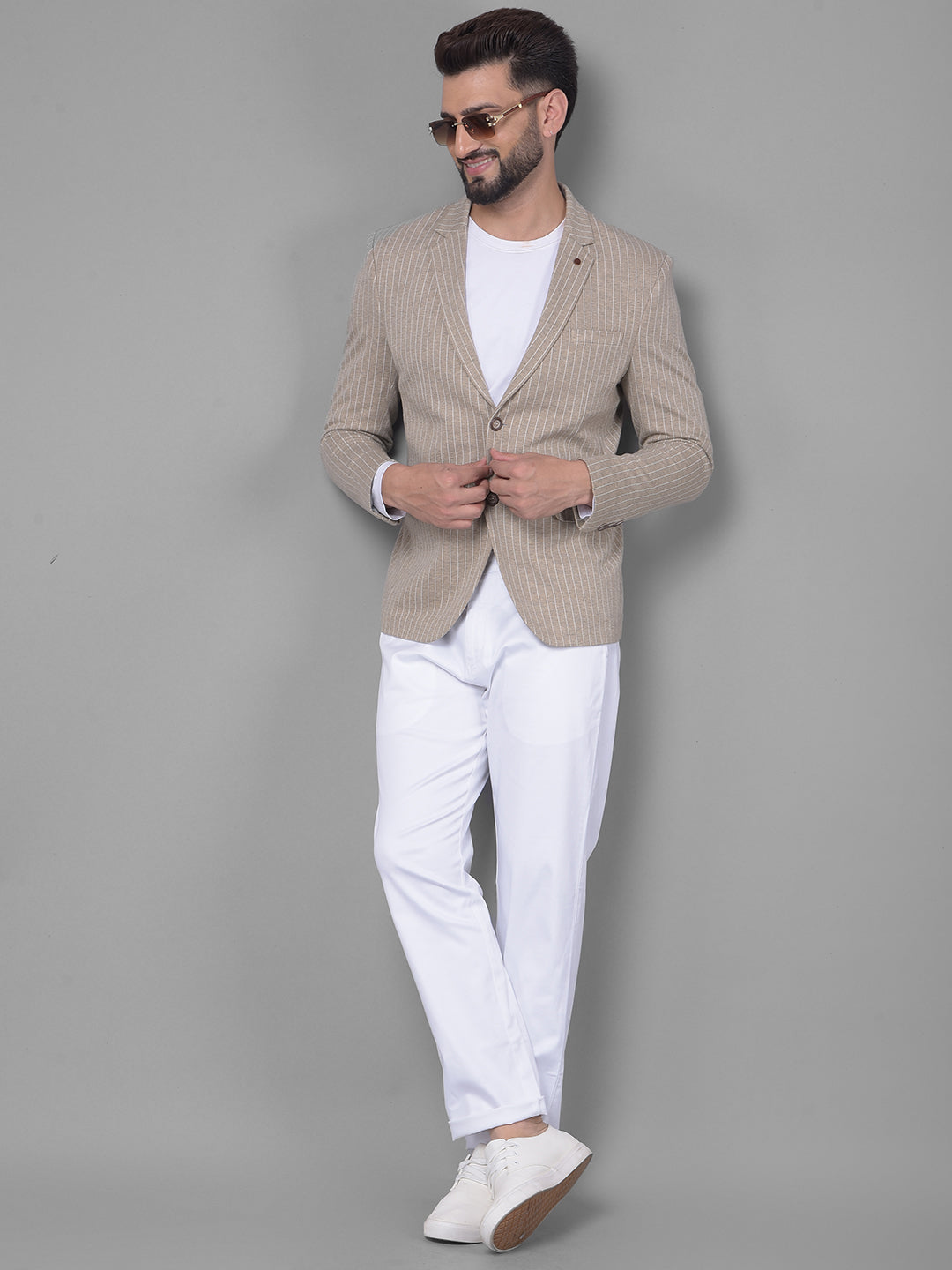 Beige Striped Blazer-Men Blazers-Crimsoune Club