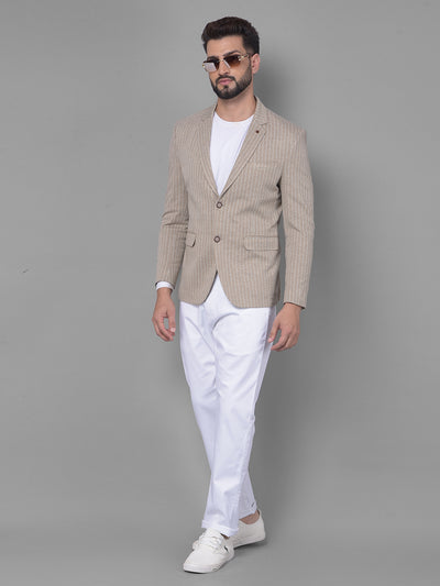 Beige Striped Blazer-Men Blazers-Crimsoune Club