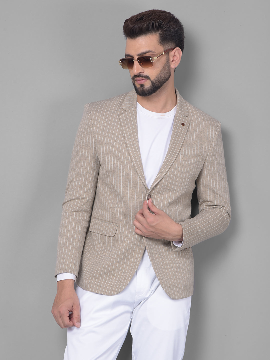 Beige Striped Blazer-Men Blazers-Crimsoune Club