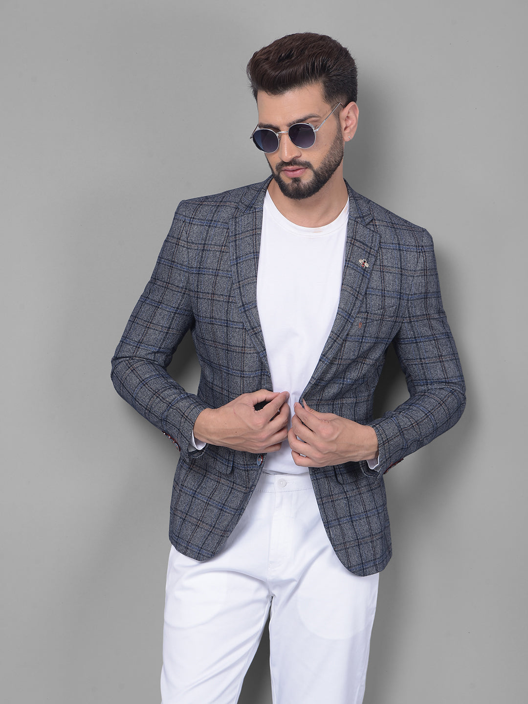 Grey Checked Blazer-Men Blazers-Crimsoune Club