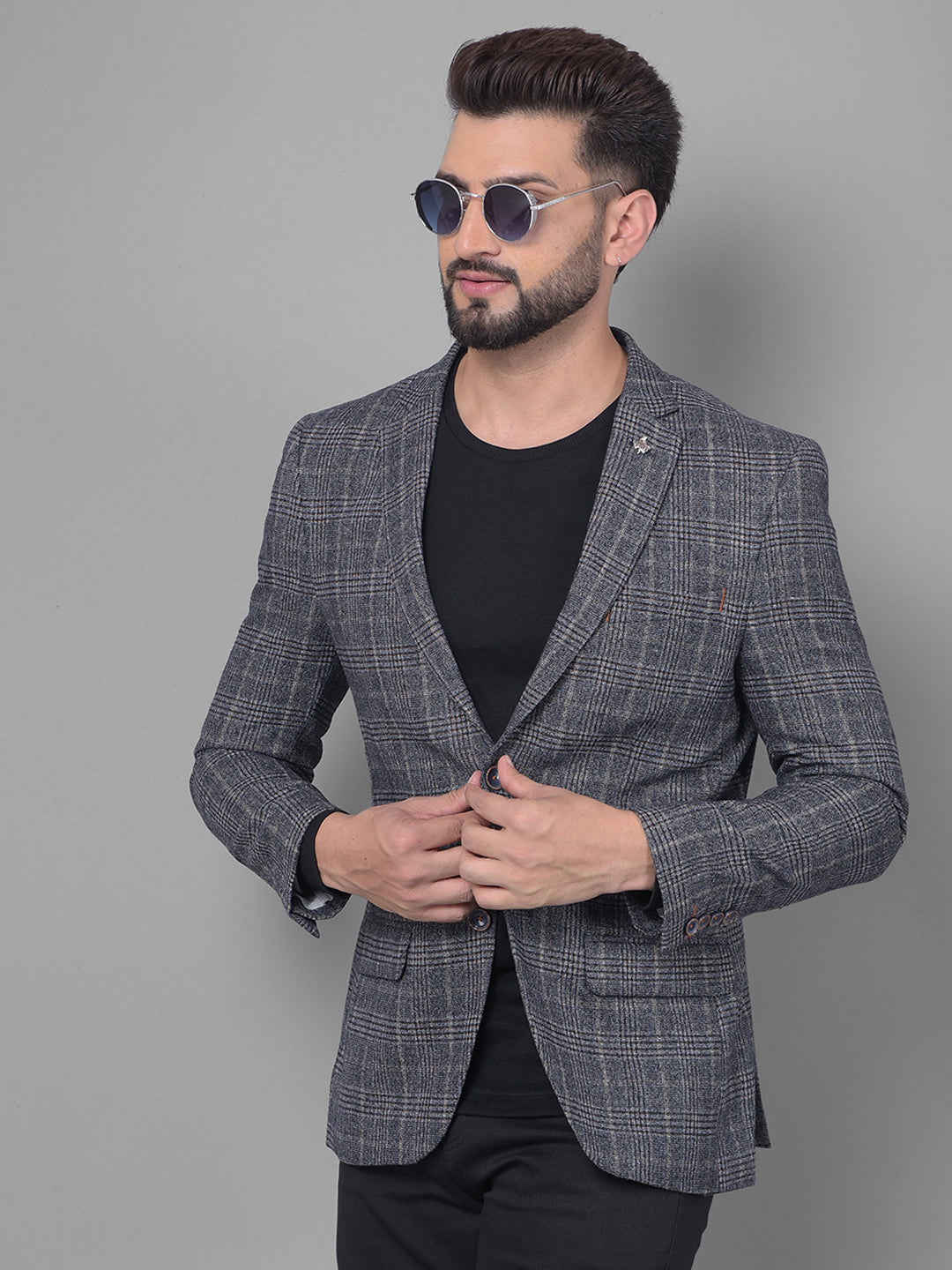 Grey Checked Blazer-Men Blazers-Crimsoune Club