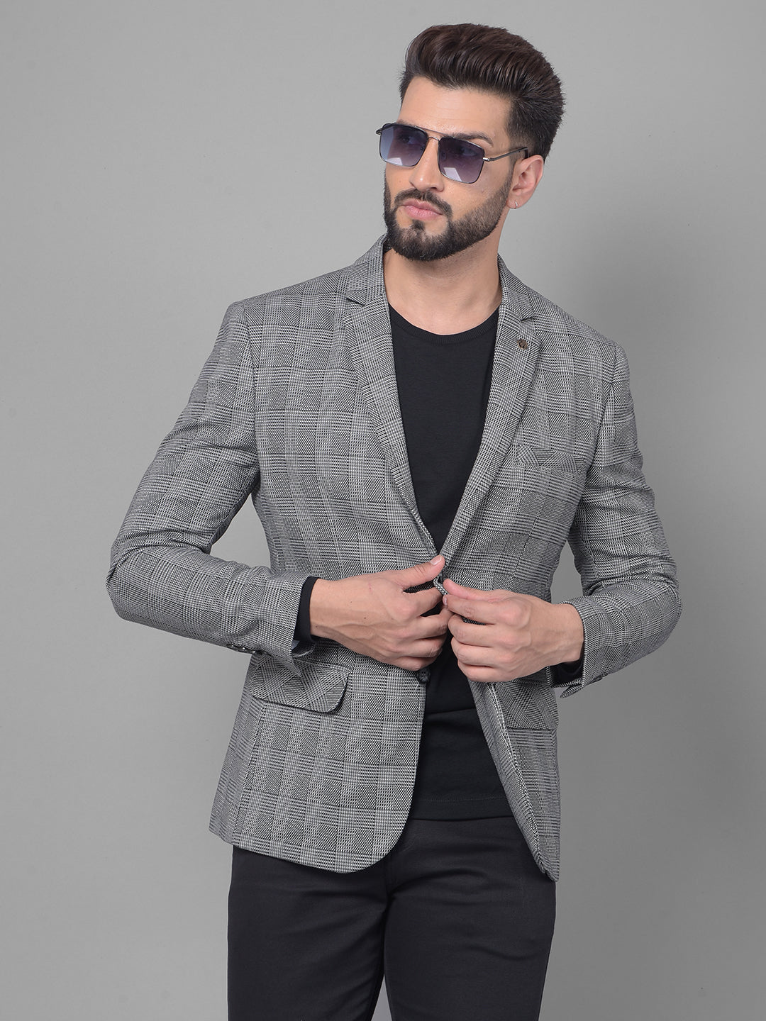 Grey Checked Blazer-Men Blazers-Crimsoune Club