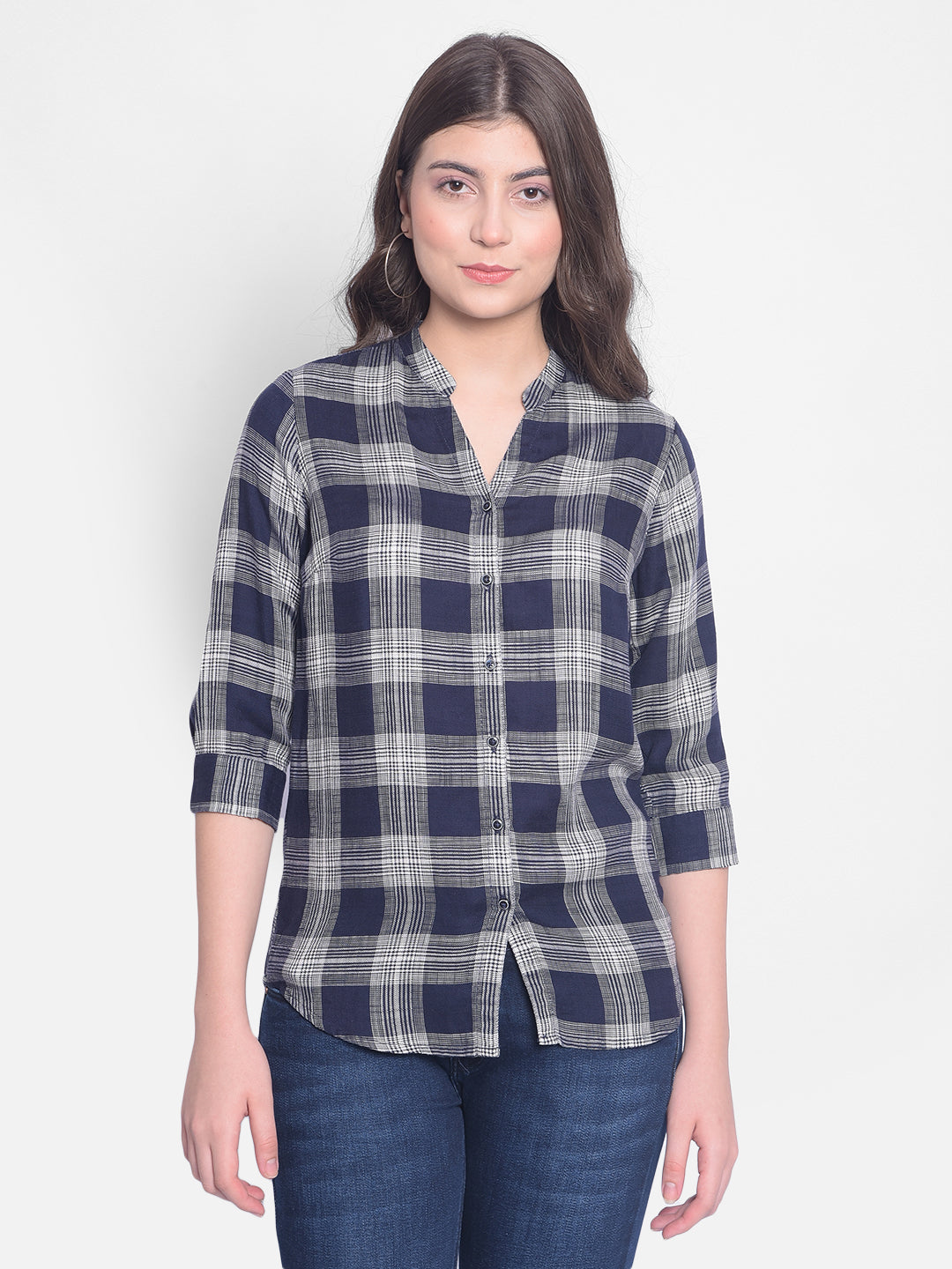 Navy Blue Checked Shirt-Women Shirts-Crimsoune Club