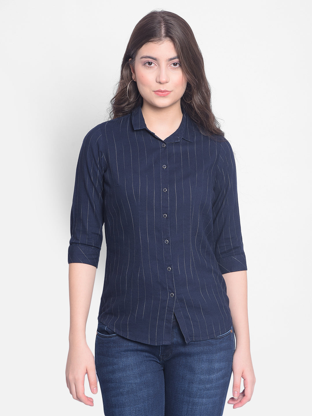 Navy Blue Striped Shirt-Women Shirts-Crimsoune Club