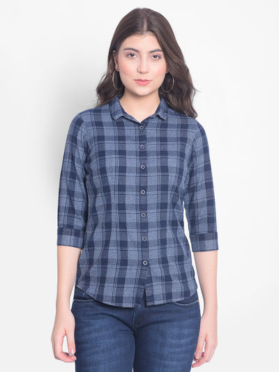 Navy Blue Checked Shirt-Women Shirts-Crimsoune Club