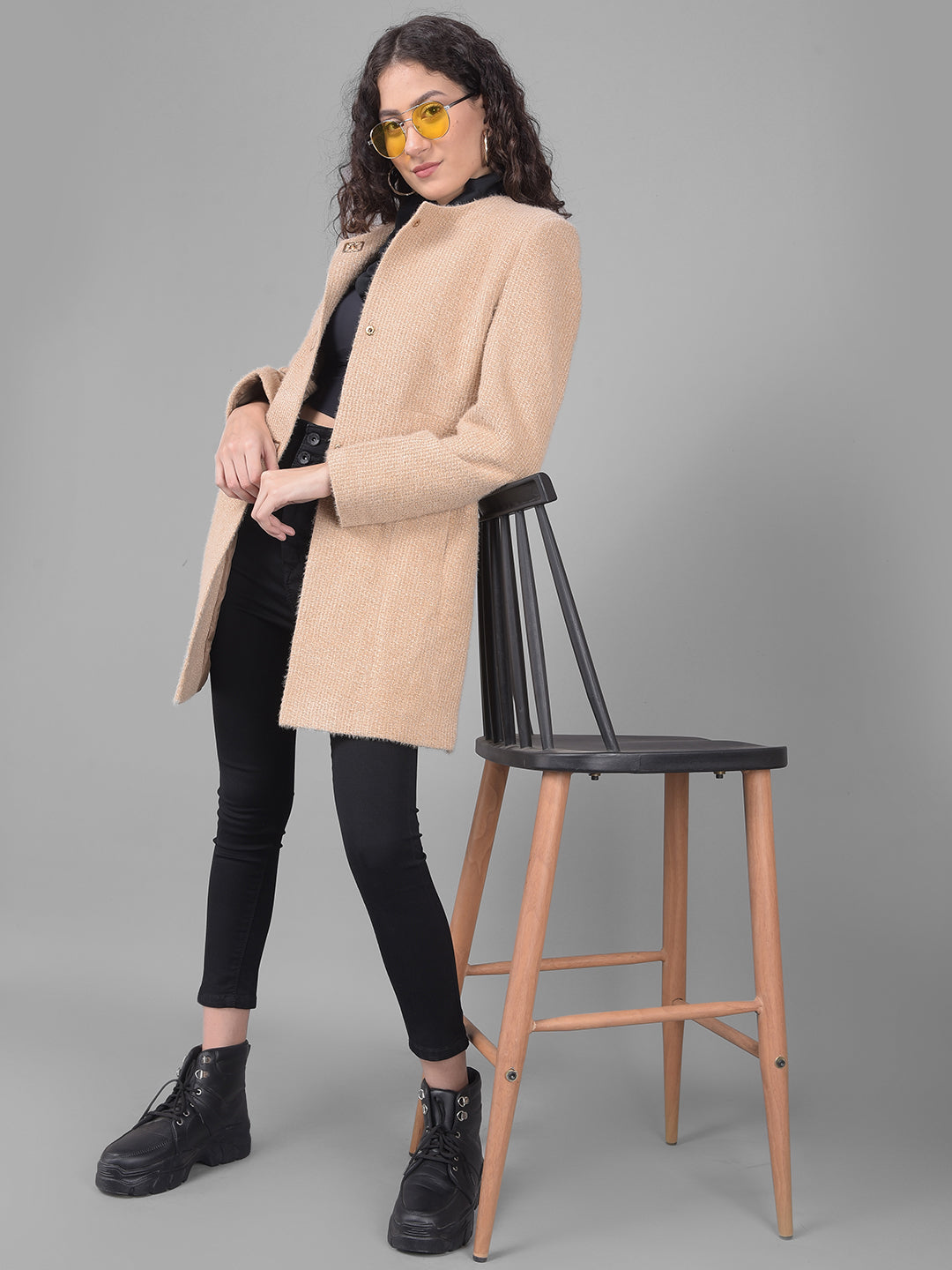 Brown Round Neck Overcoat-Women Coats-Crimsoune Club