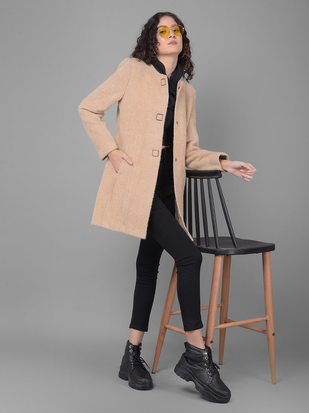 Brown Round Neck Overcoat-Women Coats-Crimsoune Club