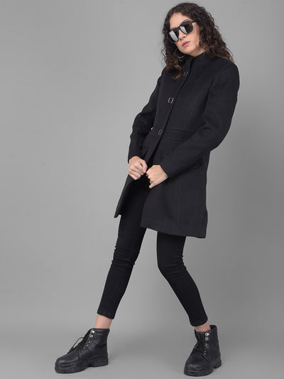 Black Mandarin Collar Overcoat-Women Coats-Crimsoune Club