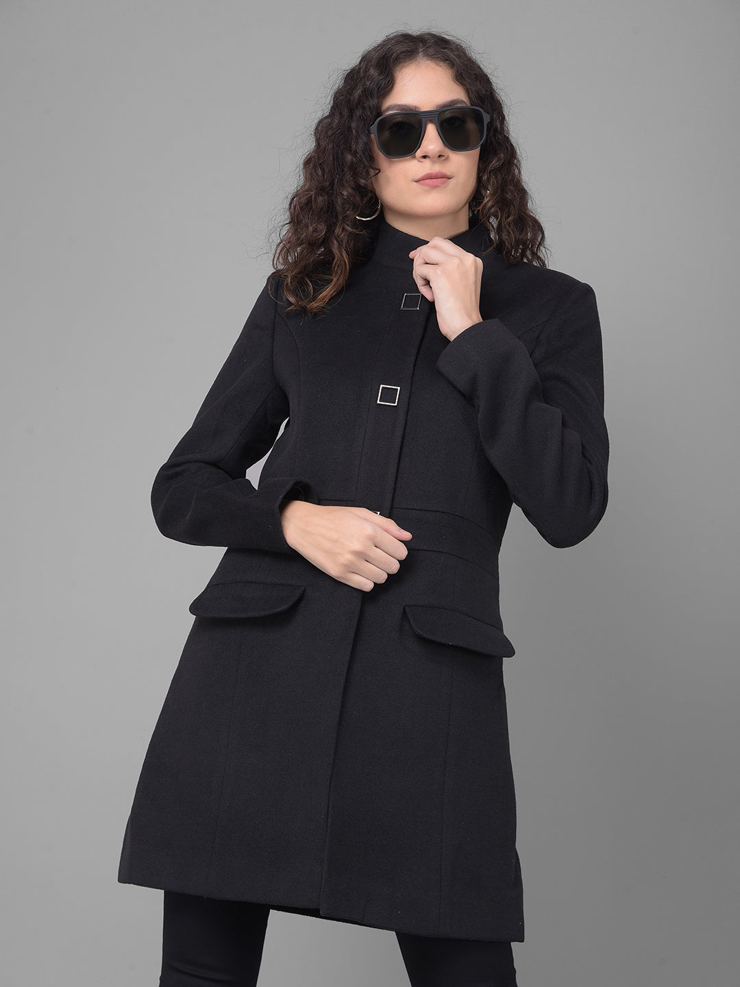 Black Mandarin Collar Overcoat-Women Coats-Crimsoune Club