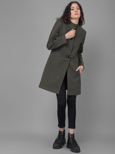Olive Mandarin Collar Overcoat-Women Coats-Crimsoune Club