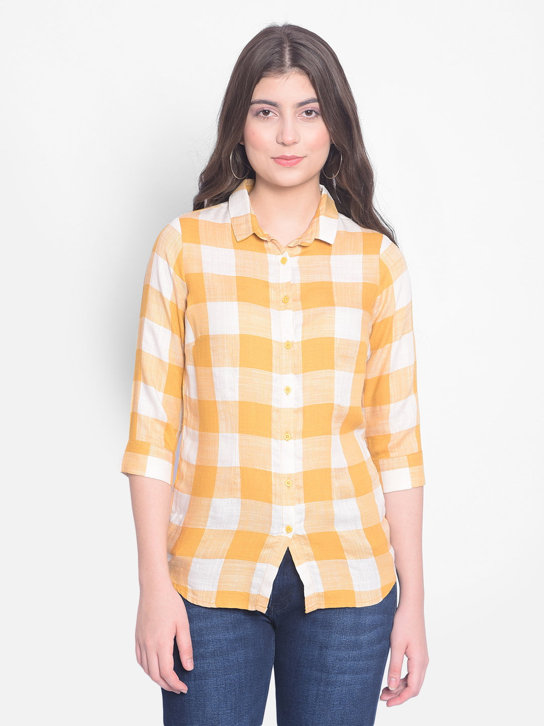 Mustard Checked Shirt-Women Shirts-Crimsoune Club