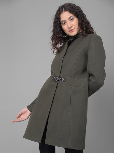 Olive Mandarin Collar Overcoat-Women Coats-Crimsoune Club