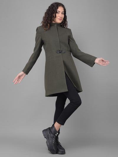 Olive Mandarin Collar Overcoat-Women Coats-Crimsoune Club