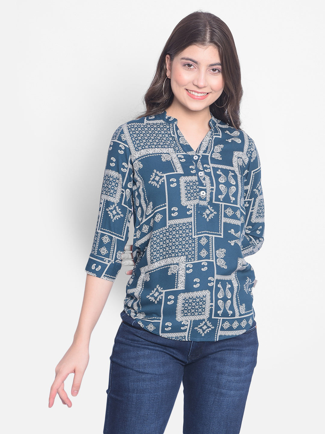 Blue Printed Top-Women Tops-Crimsoune Club