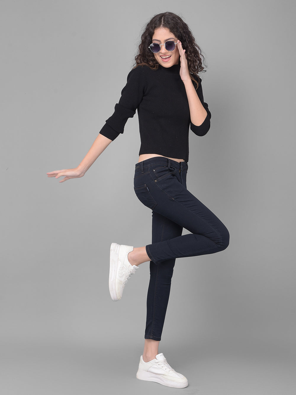 Navy Blue Cropped Skinny Jeans-Women Jeans-Crimsoune Club
