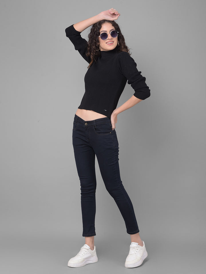 Navy Blue Cropped Skinny Jeans-Women Jeans-Crimsoune Club