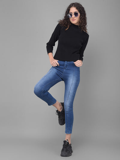 Navy Blue Light Fade High Waist Jeans-Women Jeans-Crimsoune Club