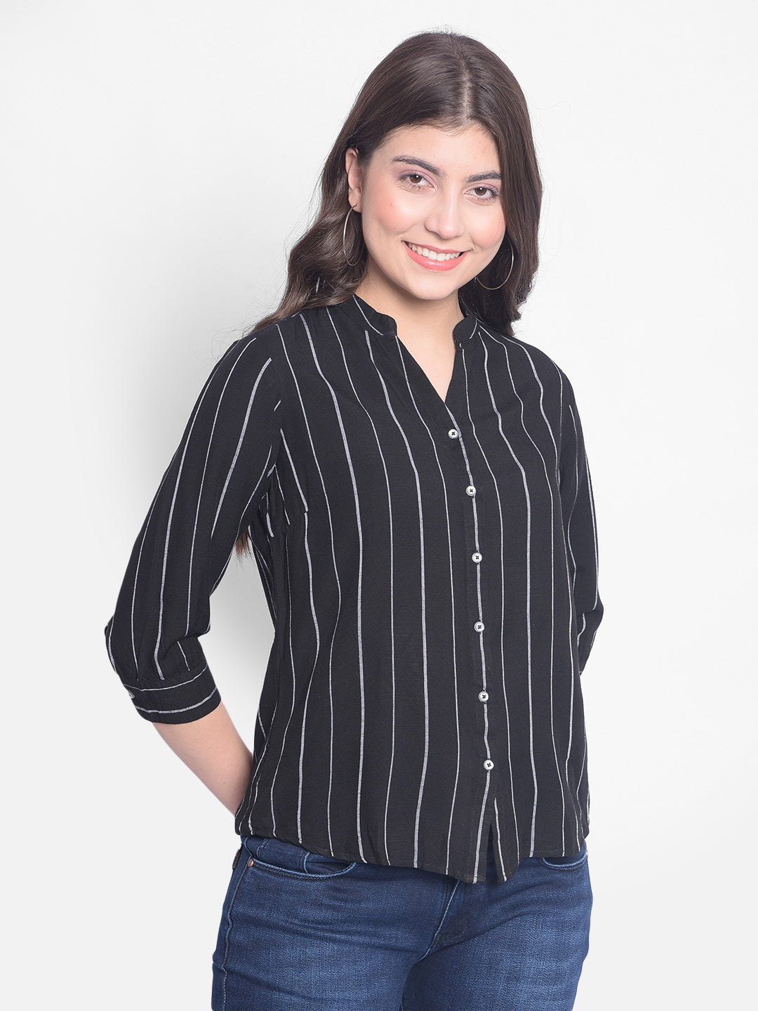 Black Striped Shirt-Women Shirts-Crimsoune Club