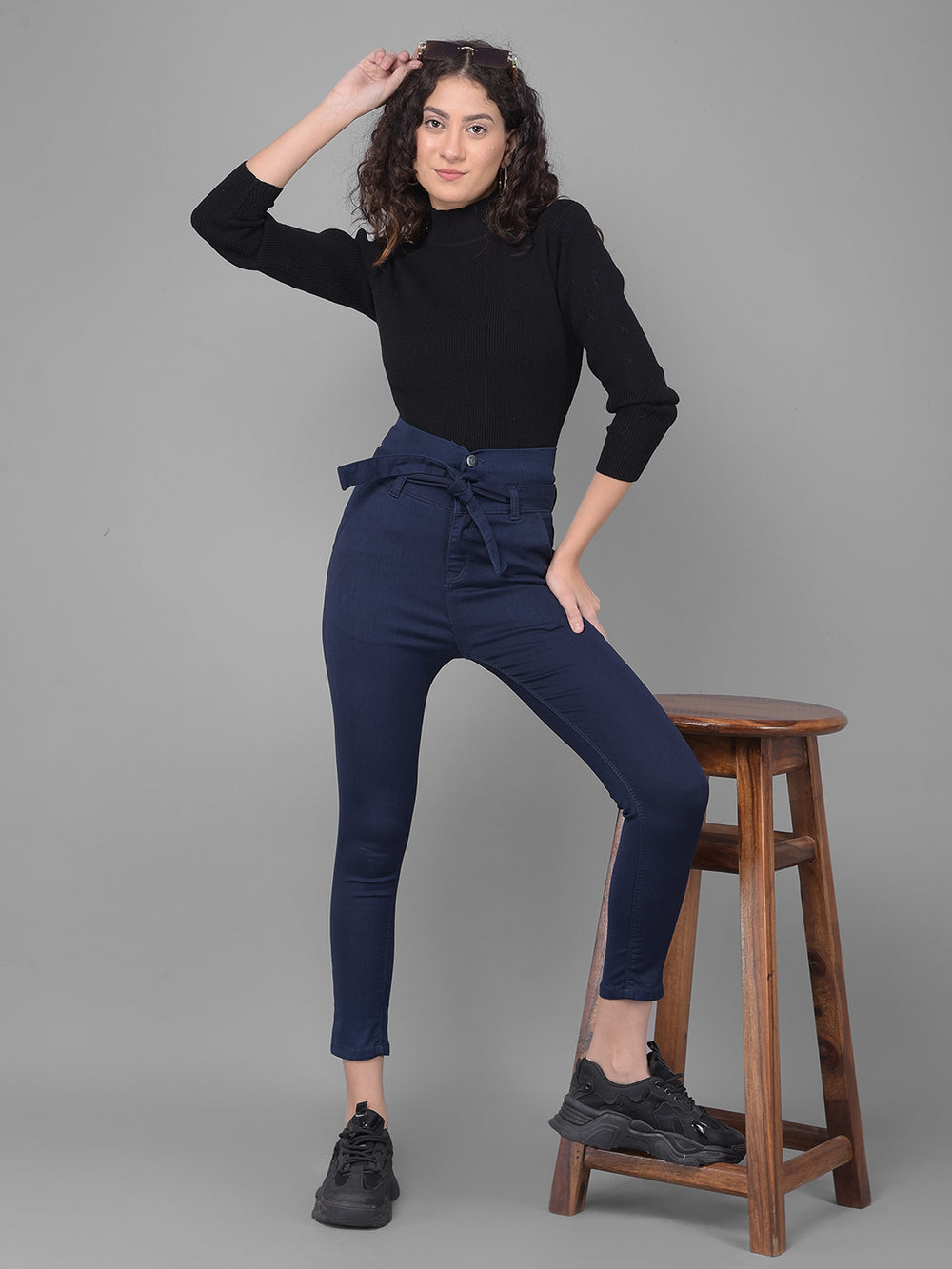 Navy Blue High Waist Jeans With Belt-Women Jeans-Crimsoune Club