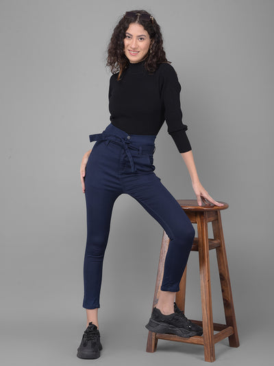 Navy Blue High Waist Jeans With Belt-Women Jeans-Crimsoune Club