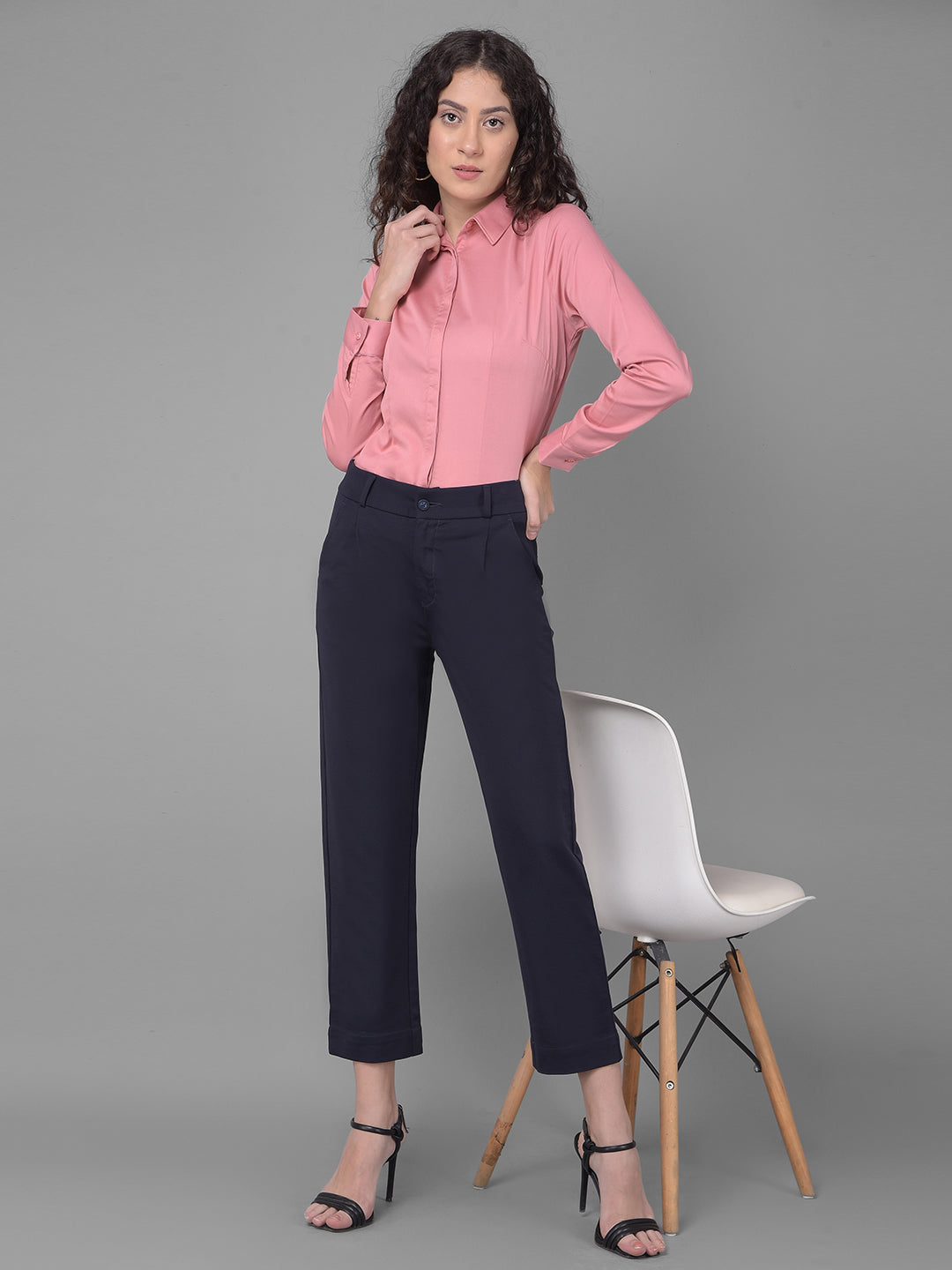 Navy Blue Pleated Straight Trousers-Women Trousers-Crimsoune Club