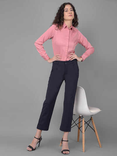 Navy Blue Pleated Straight Trousers-Women Trousers-Crimsoune Club