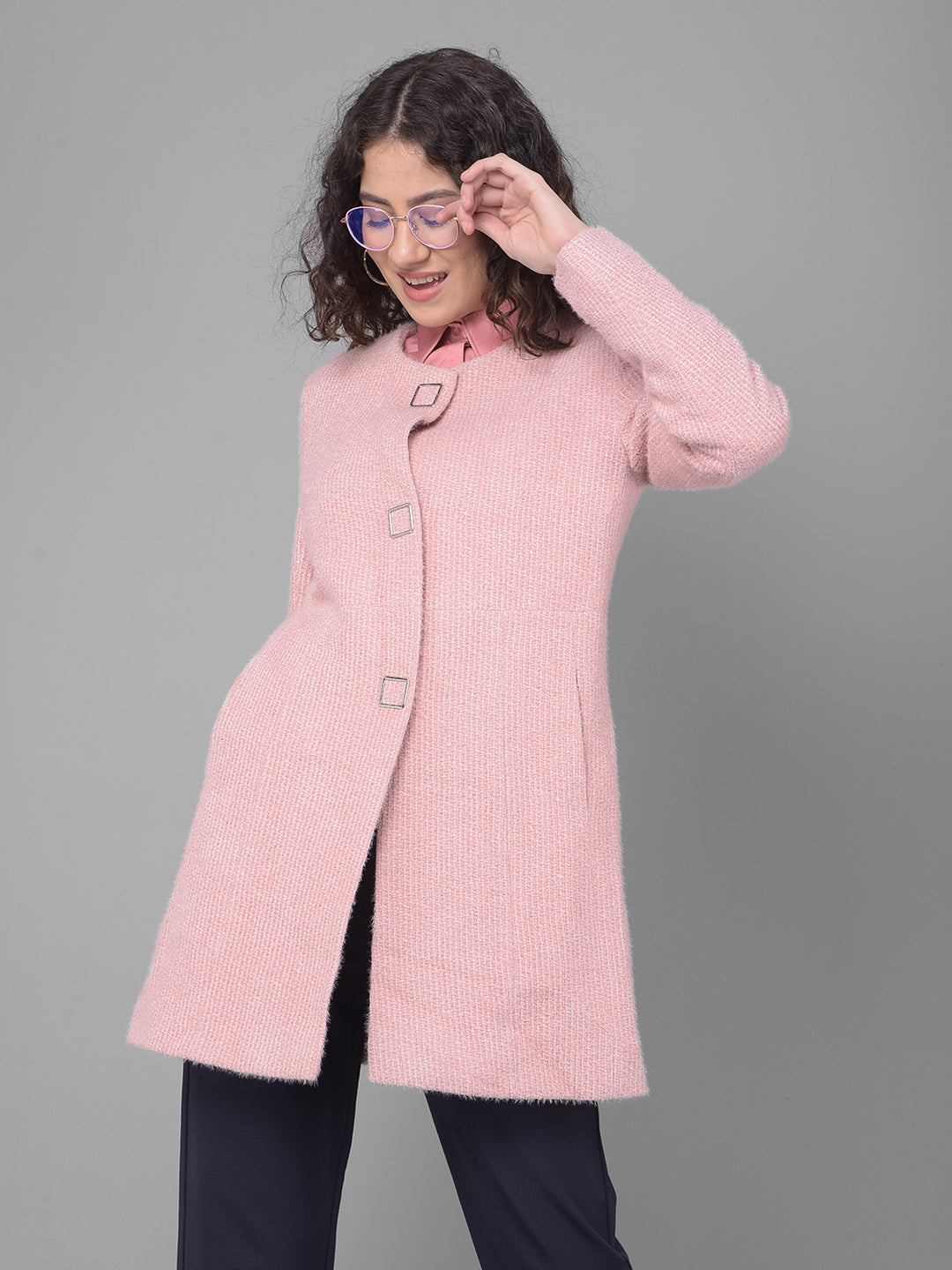 Pink Round Neck Overcoat-Women Coats-Crimsoune Club