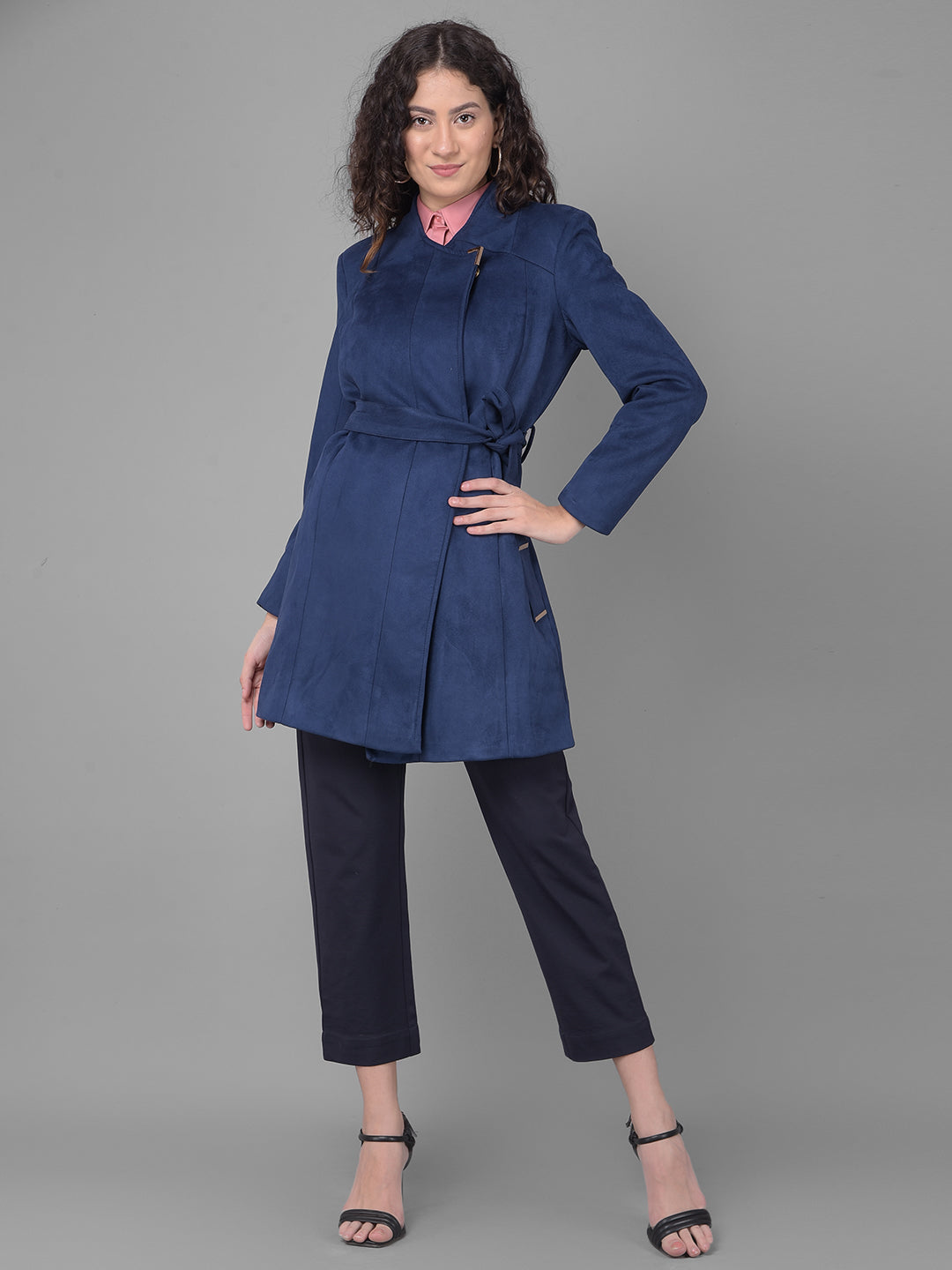 Navy Blue Wrap Coat-Women Coats-Crimsoune Club