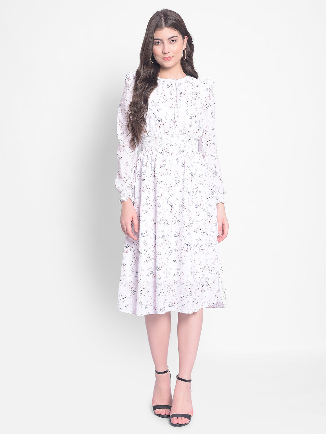 White Floral Midi Dress-Women Dresses-Crimsoune Club