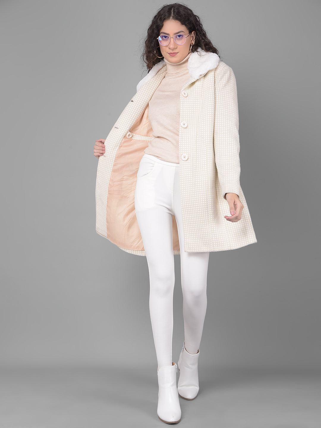 Beige Checked Overcoat-Women Coats-Crimsoune Club