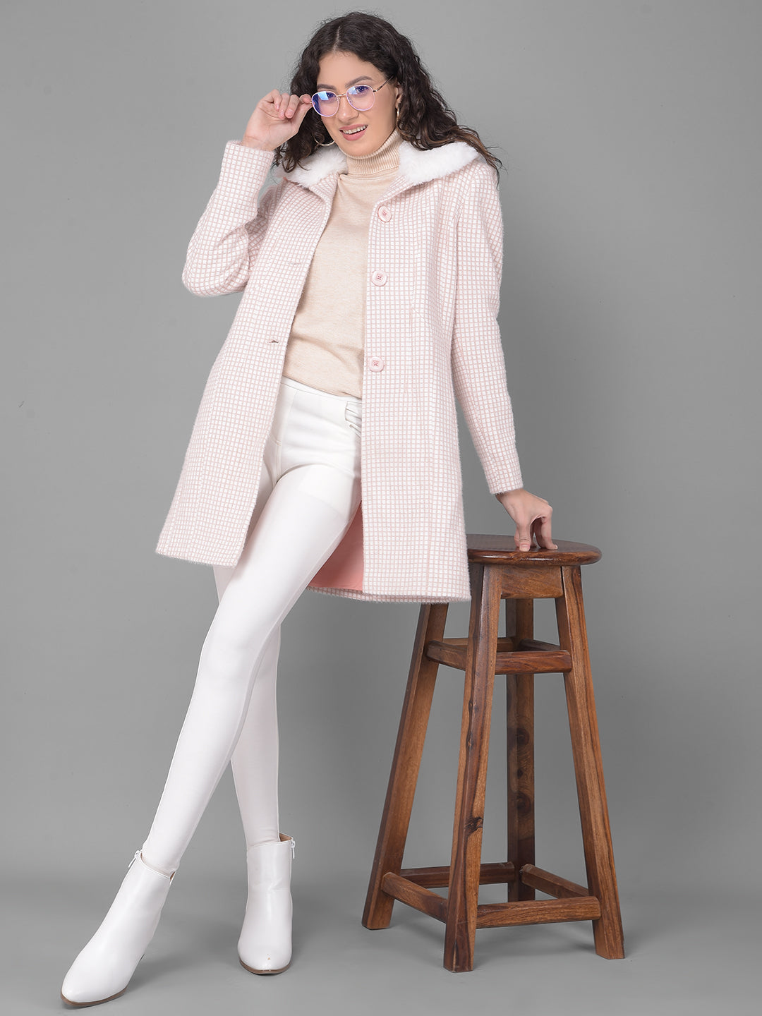 Pink Checked Overcoat-Women Coats-Crimsoune Club