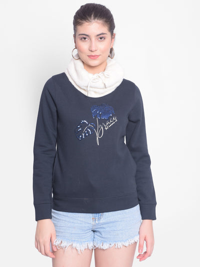 Navy Blue Printed Sweatshirt-Women Sweatshirts-Crimsoune Club