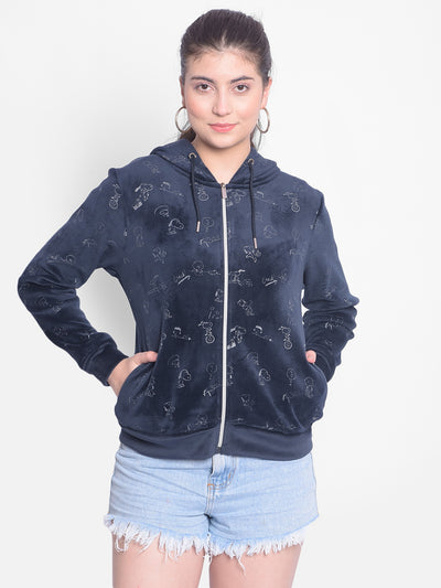 Navy Blue Printed Sweatshirt With Hood-Women Sweatshirts-Crimsoune Club