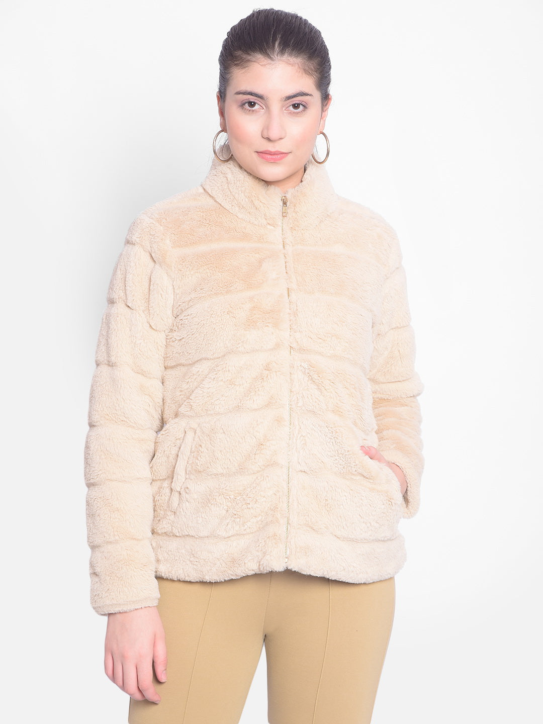 Beige Fur Jackets-Women Jackets-Crimsoune Club