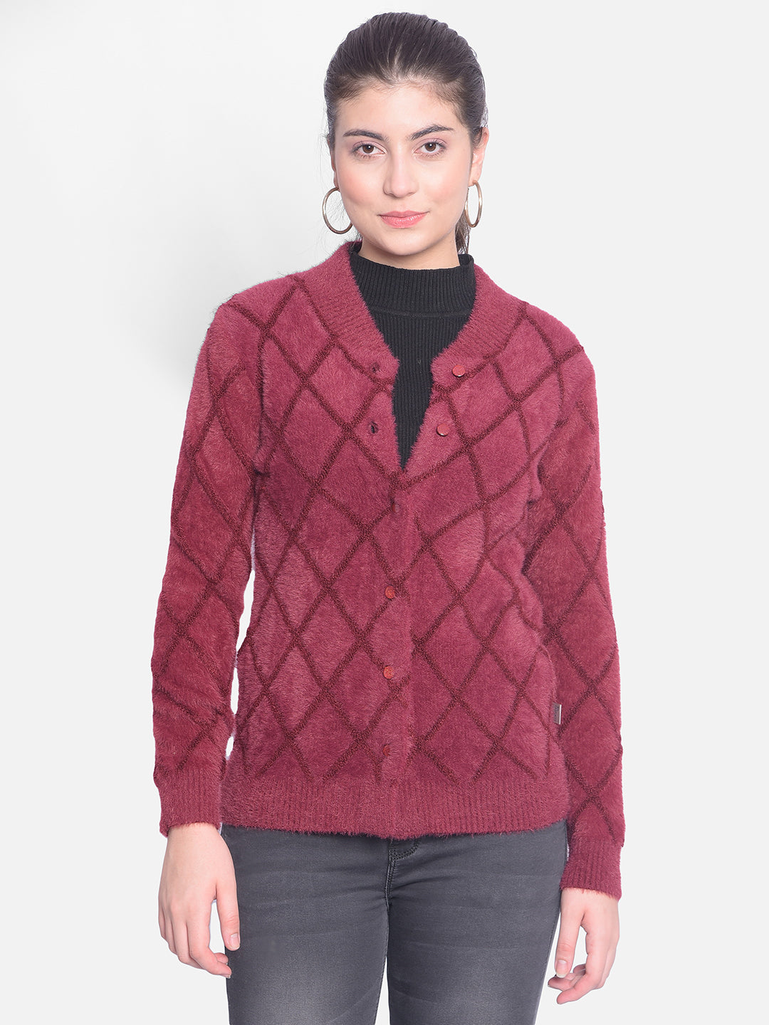 Wine Printed Cardigan-Women Sweaters-Crimsoune Club
