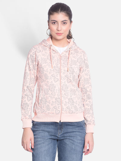 Peach Printed Sweatshirt With Hood-Women Sweatshirts-Crimsoune Club